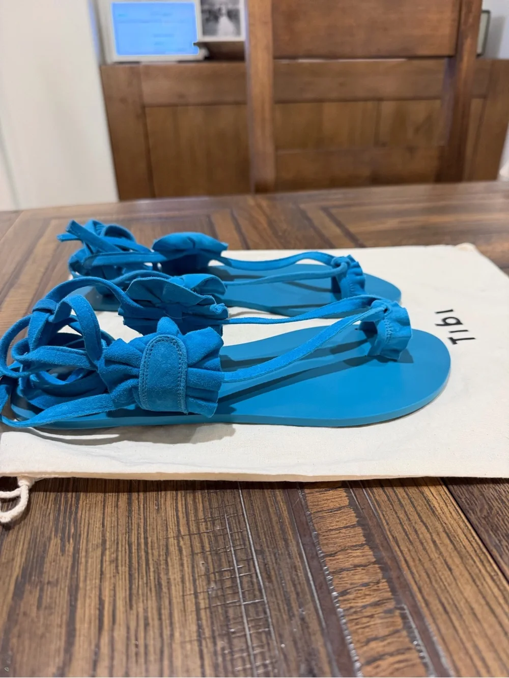 Tibi Amari Suede Sandal Azure Blue Lace-Up Flat Sz 40